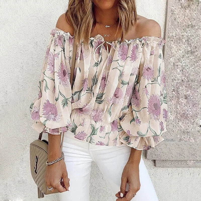 GEFEVOQE Gorgeous Street Style Floral Printed Puff Sleeve Chiffon Blouse