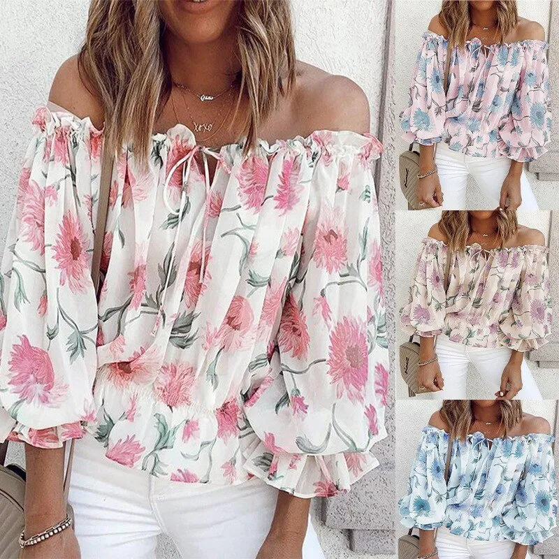 GEFEVOQE Gorgeous Street Style Floral Printed Puff Sleeve Chiffon Blouse