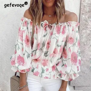 GEFEVOQE Gorgeous Street Style Floral Printed Puff Sleeve Chiffon Blouse