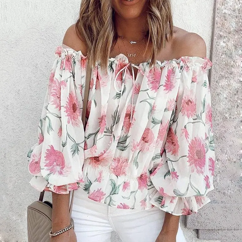 GEFEVOQE Gorgeous Street Style Floral Printed Puff Sleeve Chiffon Blouse