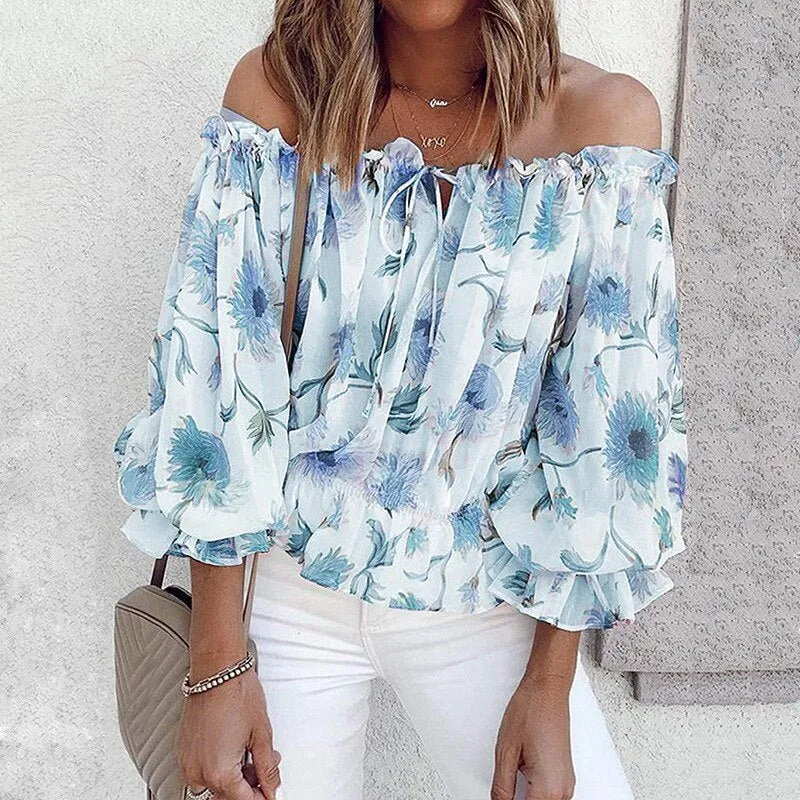 GEFEVOQE Gorgeous Street Style Floral Printed Puff Sleeve Chiffon Blouse