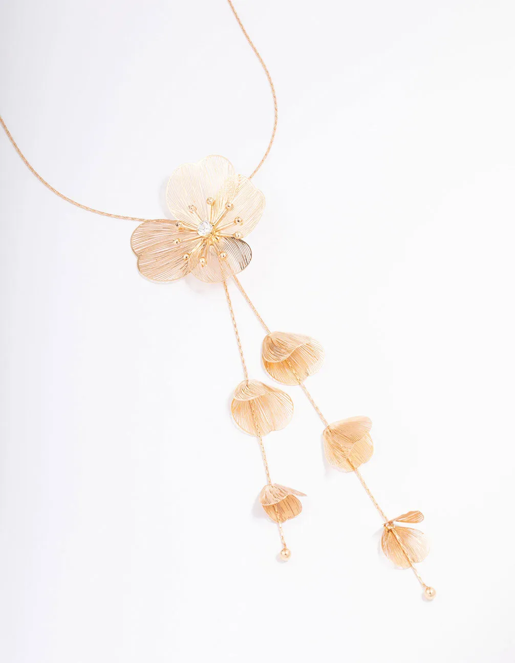 Gold Graduating Detail Flower Lariat Necklace