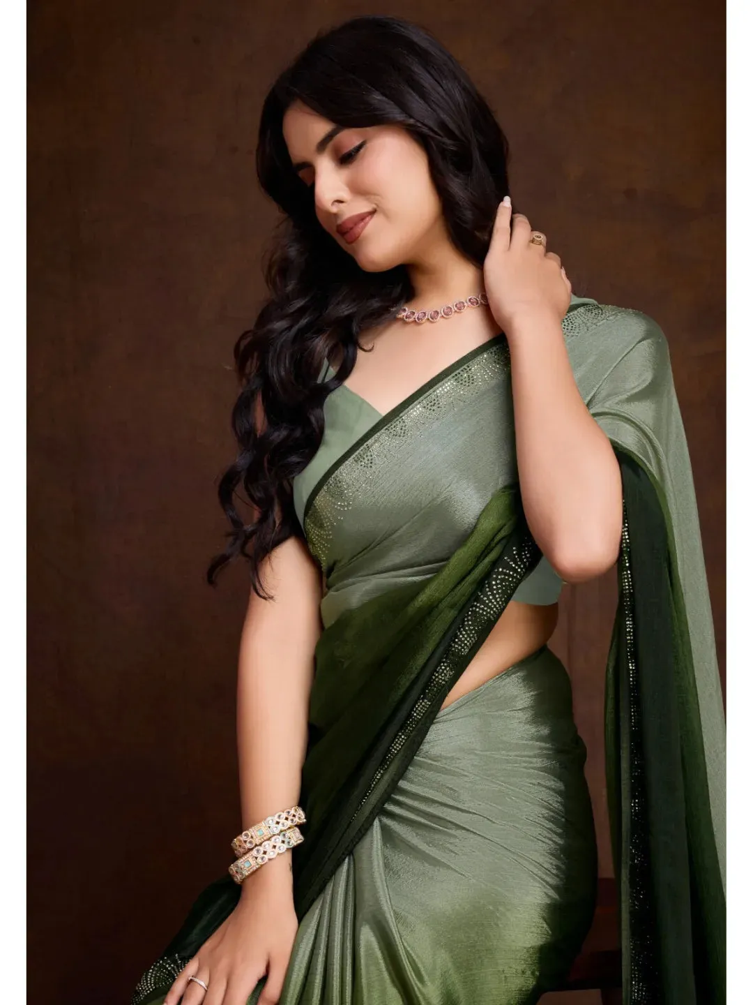 Gorgeous Green Shaded Chinon Swarovski Worked Saree