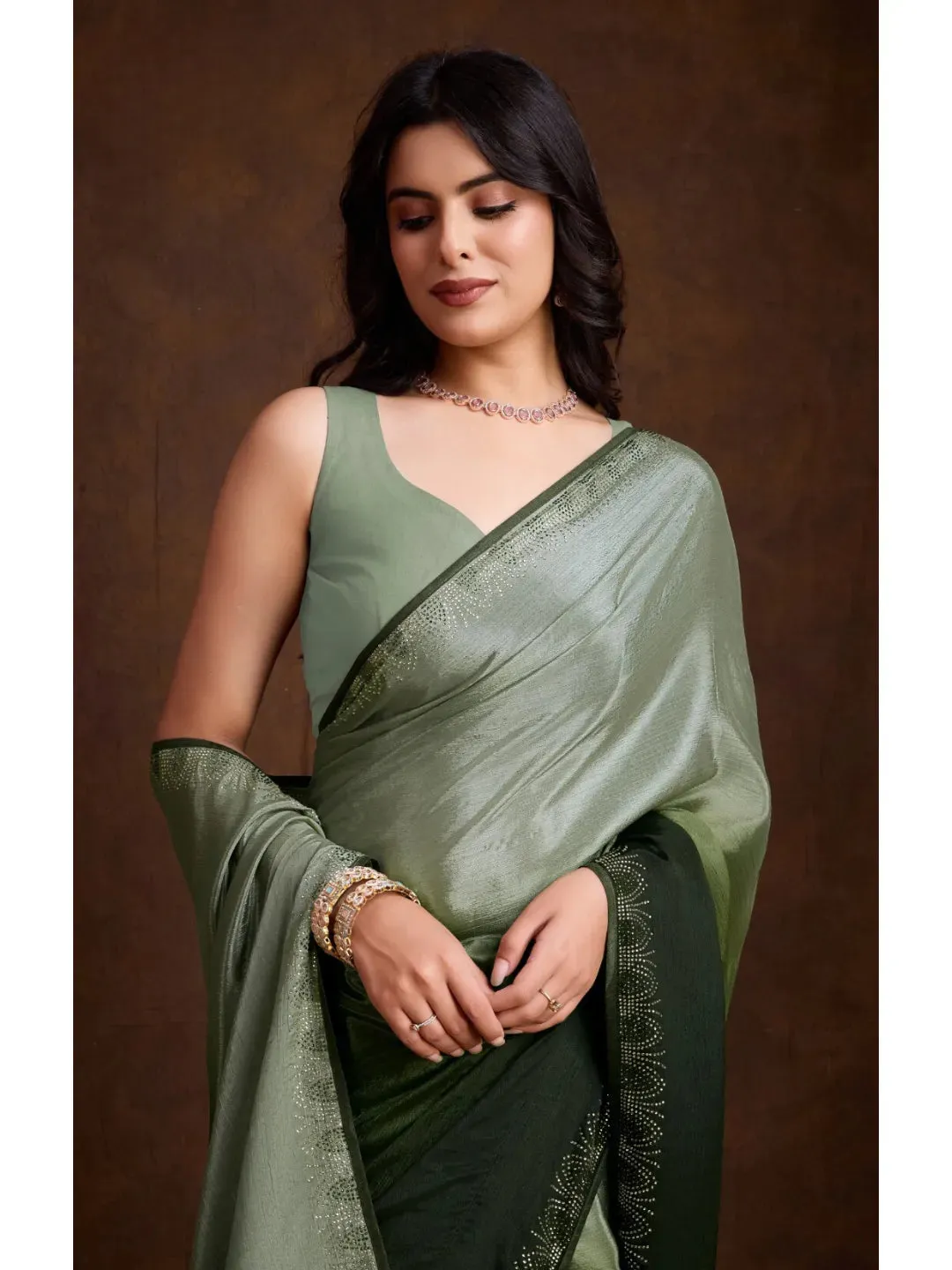 Gorgeous Green Shaded Chinon Swarovski Worked Saree