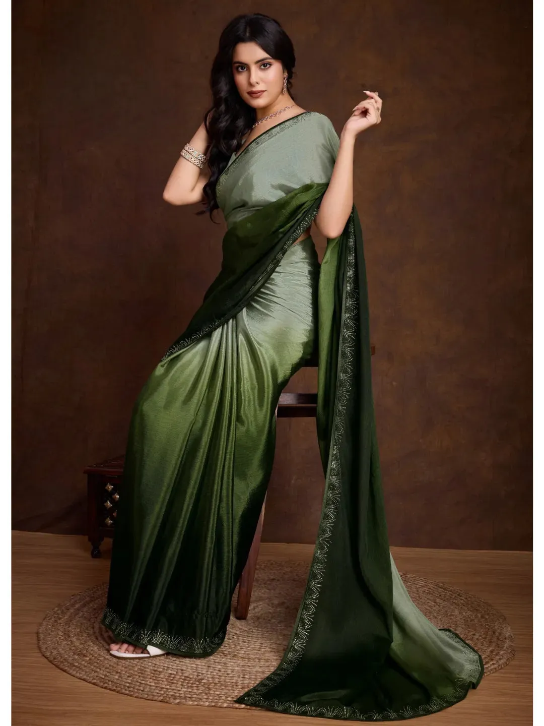 Gorgeous Green Shaded Chinon Swarovski Worked Saree