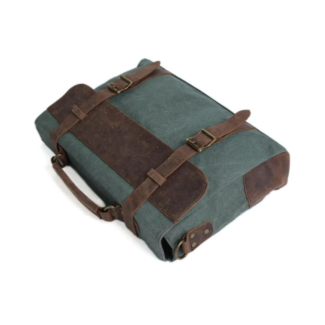 Handmade Waxed Canvas with Leather Briefcase Messenger Bag - Olive Green