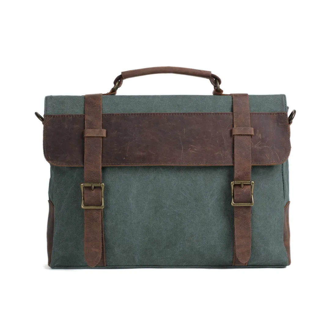 Handmade Waxed Canvas with Leather Briefcase Messenger Bag - Olive Green