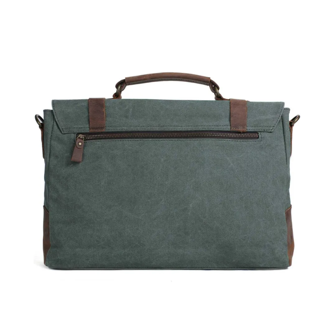 Handmade Waxed Canvas with Leather Briefcase Messenger Bag - Olive Green