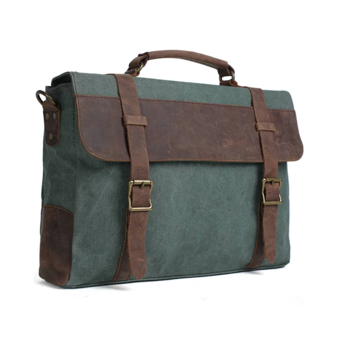 Handmade Waxed Canvas with Leather Briefcase Messenger Bag - Olive Green