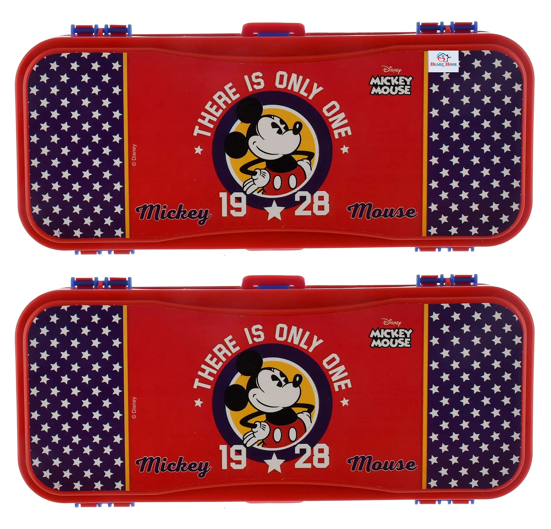 Heart Home Mickey Mouse Printed Double Sided Plastic Pencil Box, Pencil Case For School Supplies, Pack of 2 (Red)