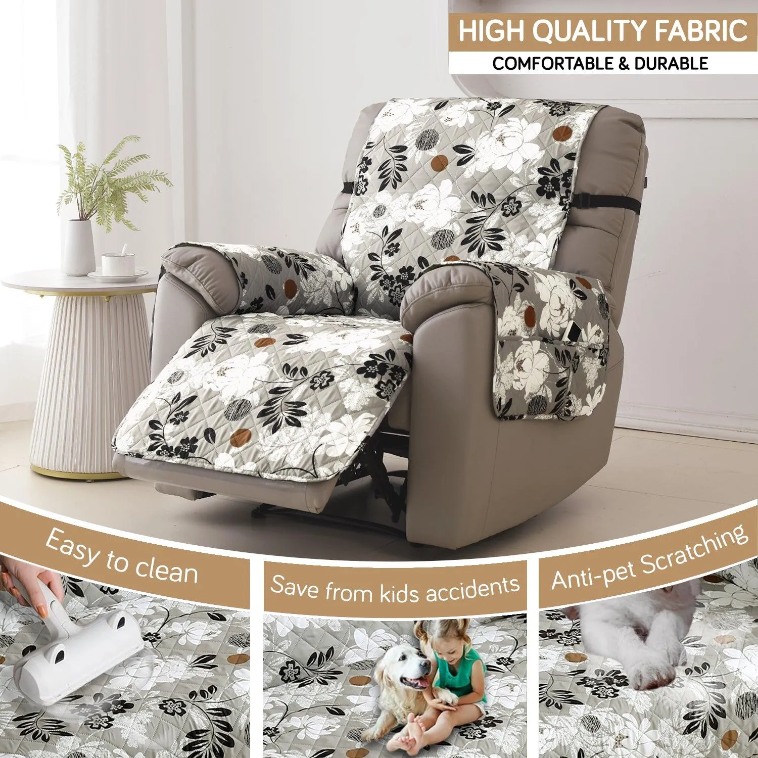 HOKIPO Water Repellent & Waterproof Quilted Recliner Sofa Cover for Small / Large - Feather Brown Floral