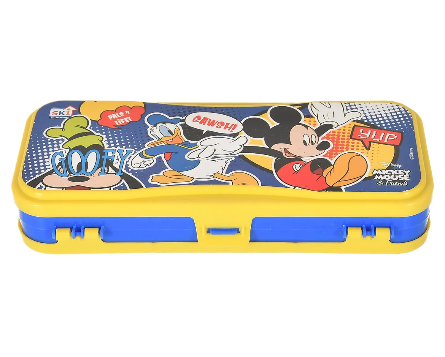 Kuber Industries Mickey Mouse & Friends Printed Double Sided Plastic Pencil Box, Pencil Case for School Supplies (Yellow)-50KM01276