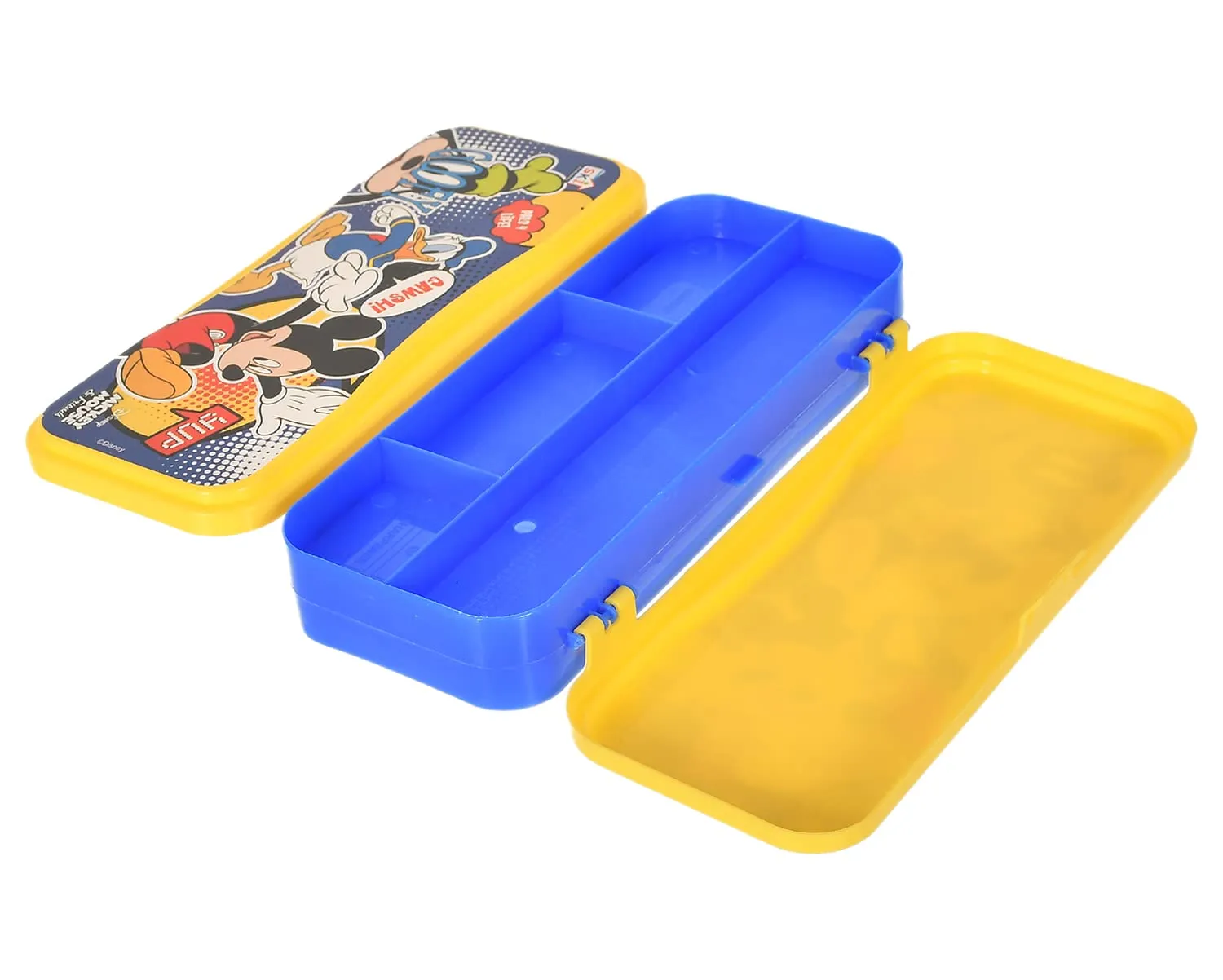 Kuber Industries Mickey Mouse & Friends Printed Double Sided Plastic Pencil Box, Pencil Case for School Supplies (Yellow)-50KM01276