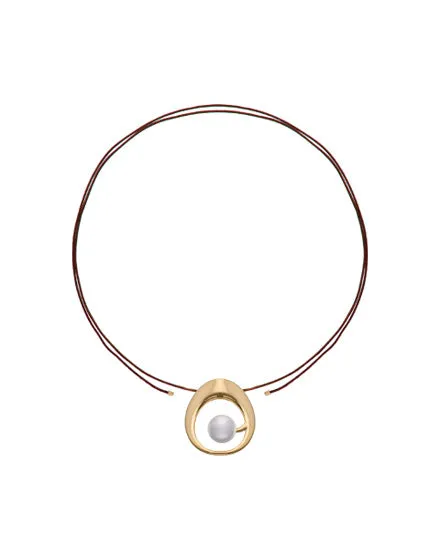 Large pendant in gold plated steel with white round 14mm Simulated Organic Pearl and brown silk cord of 130cm length.