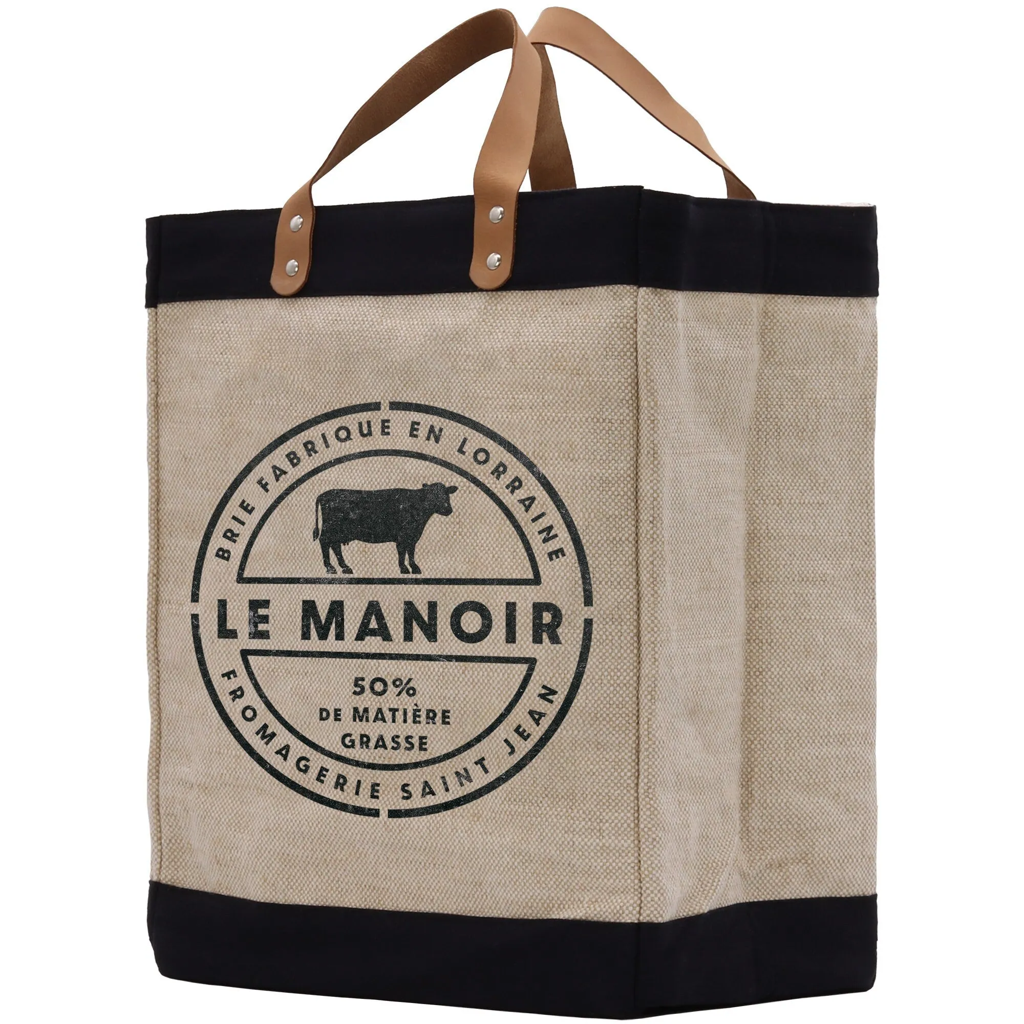 Le Manoir Cow Farm Fresh Market Jute Tote Bag Farmers Fruit Lover Burlap Bag Fruity Vintage Market Burlap Bag Vintage Farmer Bag (VTB1010)