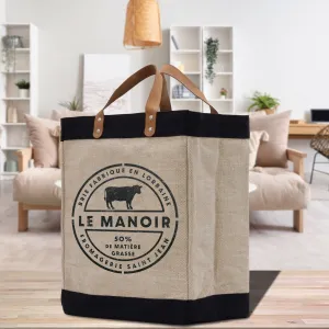 Le Manoir Cow Farm Fresh Market Jute Tote Bag Farmers Fruit Lover Burlap Bag Fruity Vintage Market Burlap Bag Vintage Farmer Bag (VTB1010)