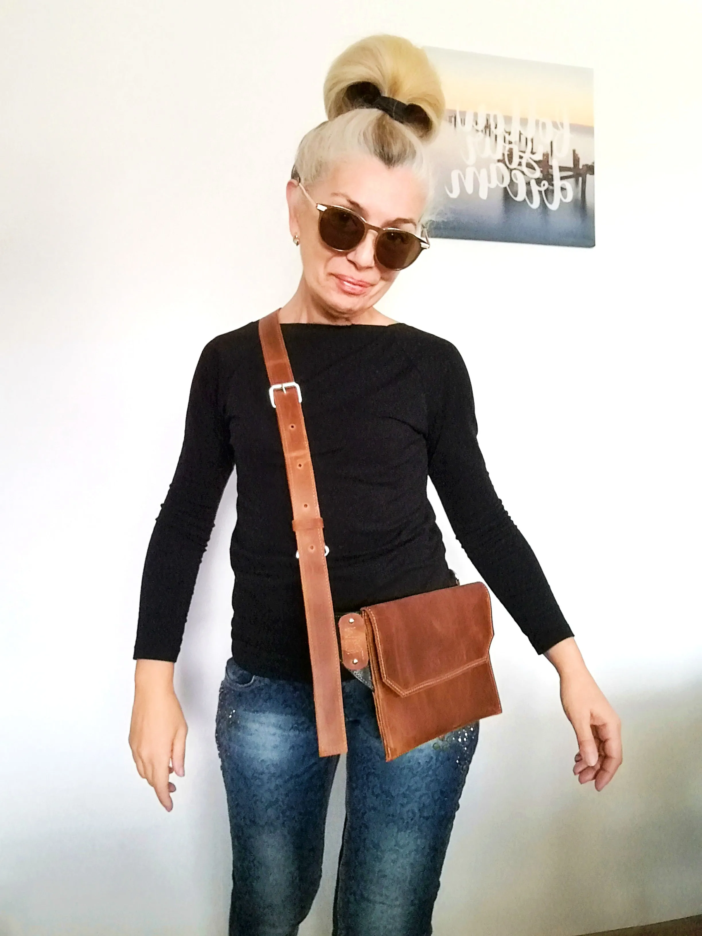 Leather Crossbody Mini Bag Unisex Brown Bumbag