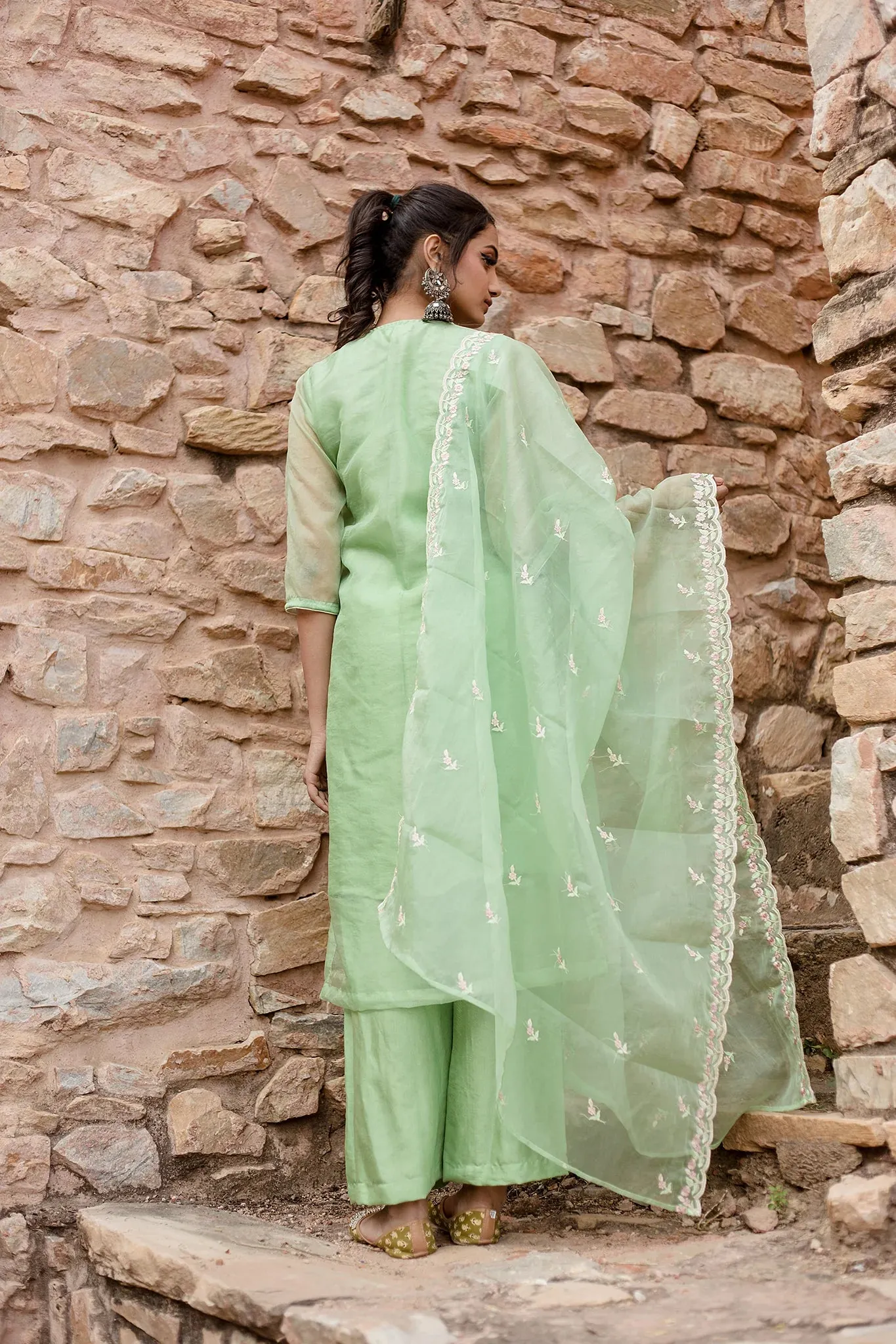 Mint Green Embroidered Kurta Set With Chanderi Dupatta