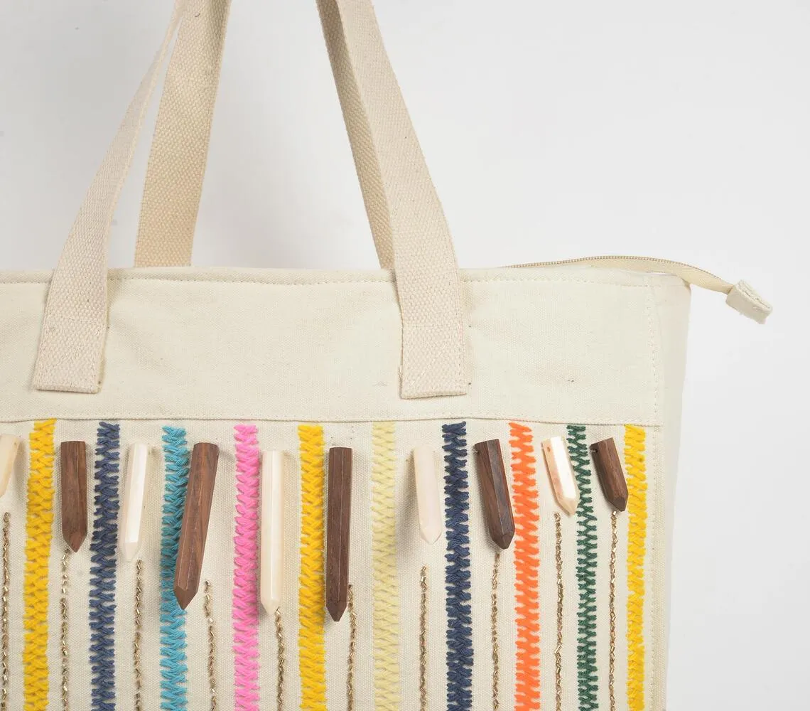 Multicolor Stripes White Canvas Tote Bag