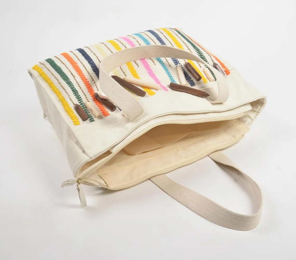 Multicolor Stripes White Canvas Tote Bag