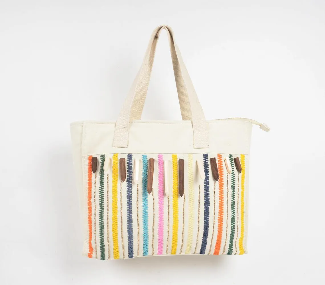 Multicolor Stripes White Canvas Tote Bag