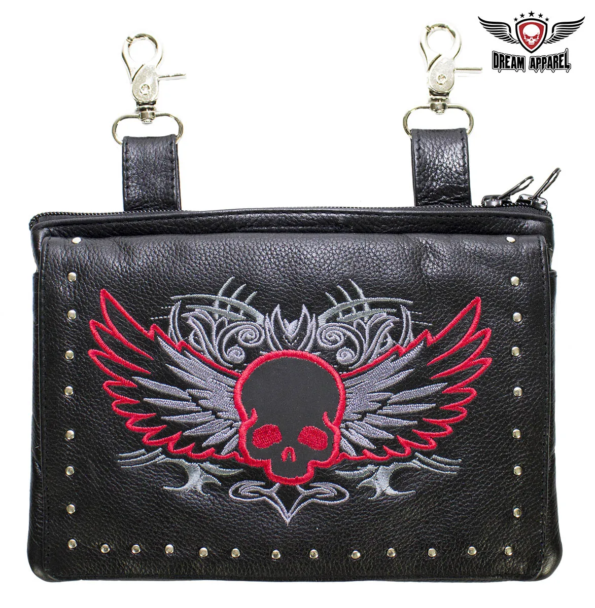 Naked Cowhide Leather Red Skull Gun Holster Belt Bag with Studs