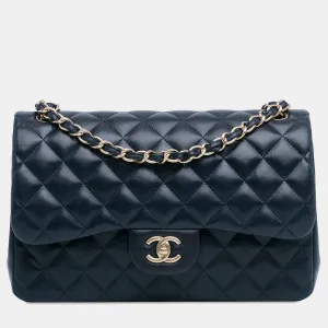 Navy Blue Lambskin Leather Jumbo Classic Double Flap Bag