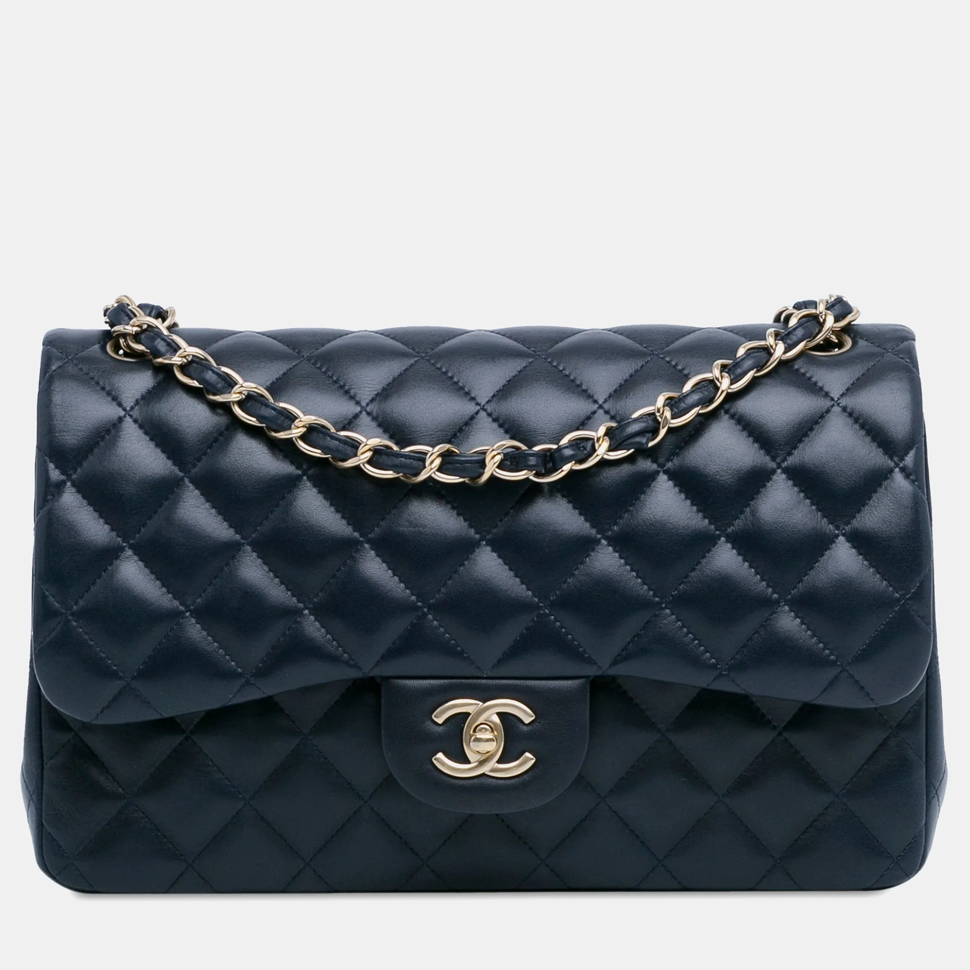 Navy Blue Lambskin Leather Jumbo Classic Double Flap Bag