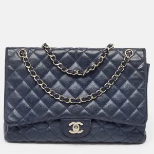 Navy Blue Quilted Caviar Leather Maxi Classic Single Flap Bag