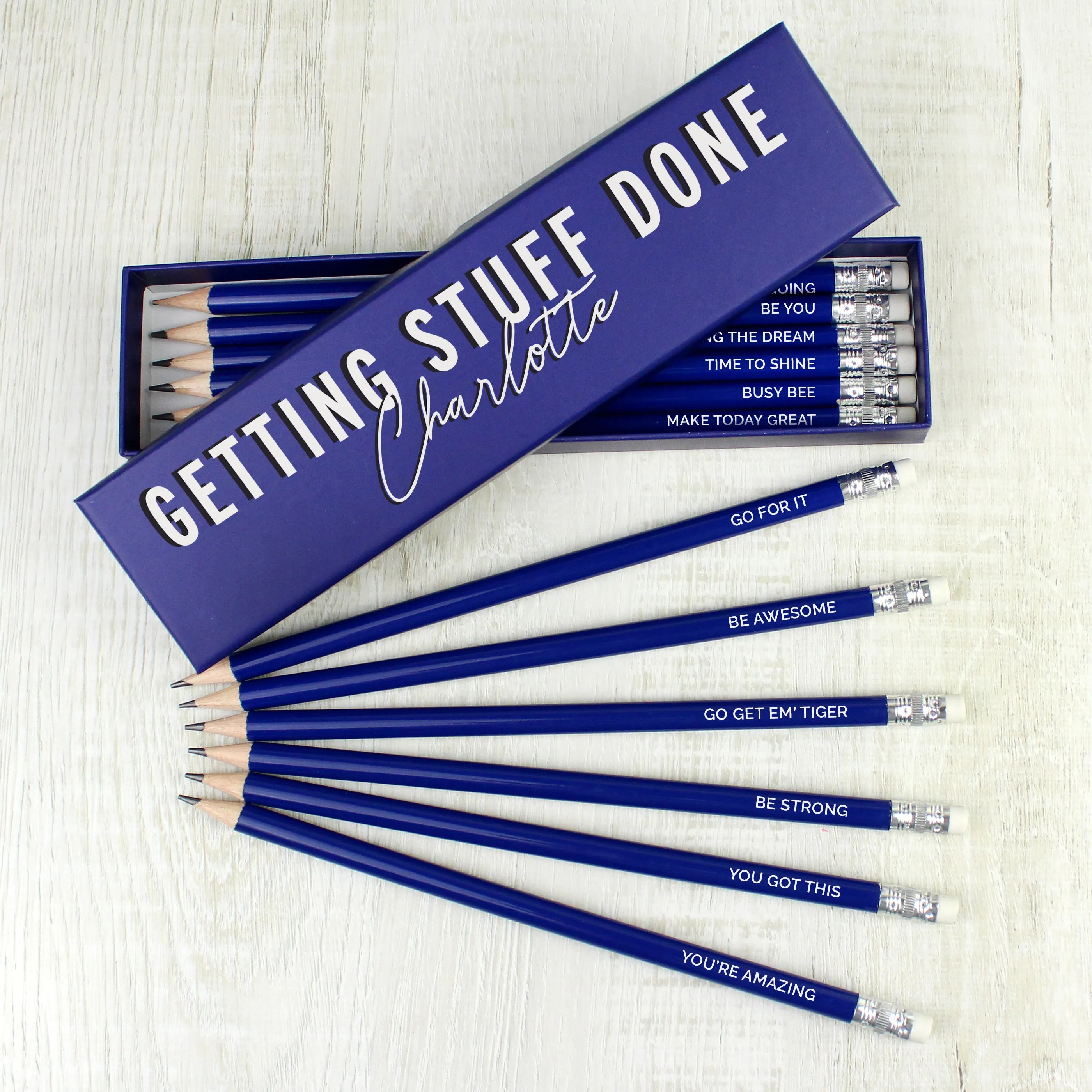 Personalised Getting Stuff Done Box with 12 Blue HB Pencils