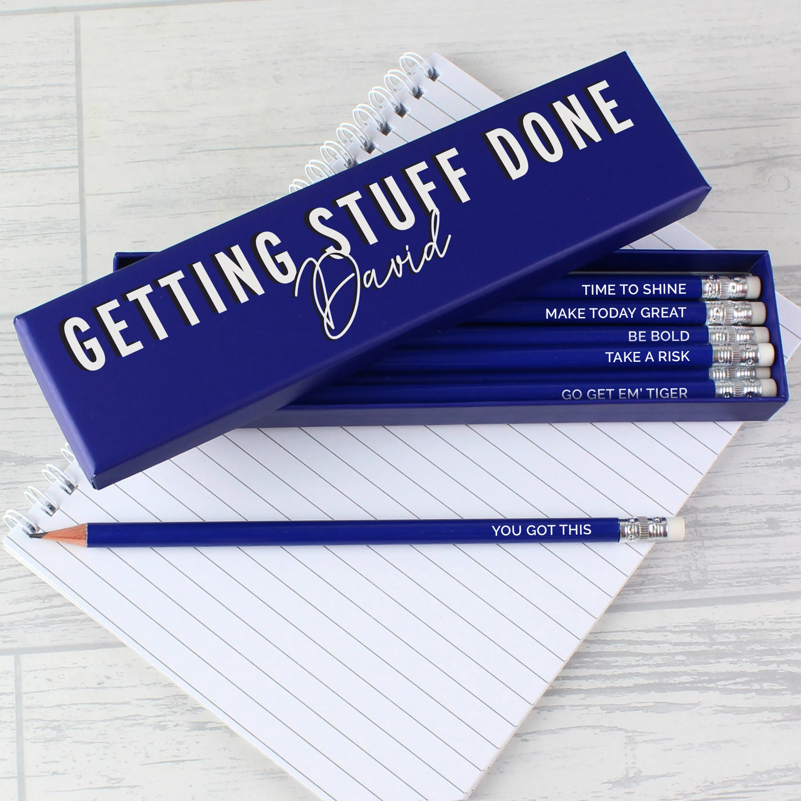 Personalised Getting Stuff Done Box with 12 Blue HB Pencils