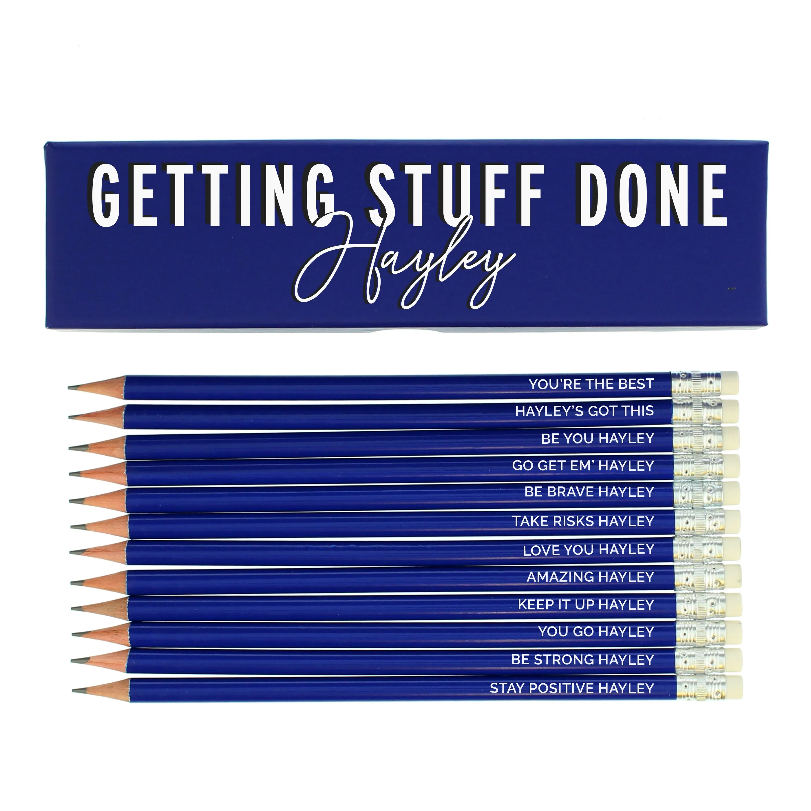 Personalised Getting Stuff Done Box with 12 Blue HB Pencils