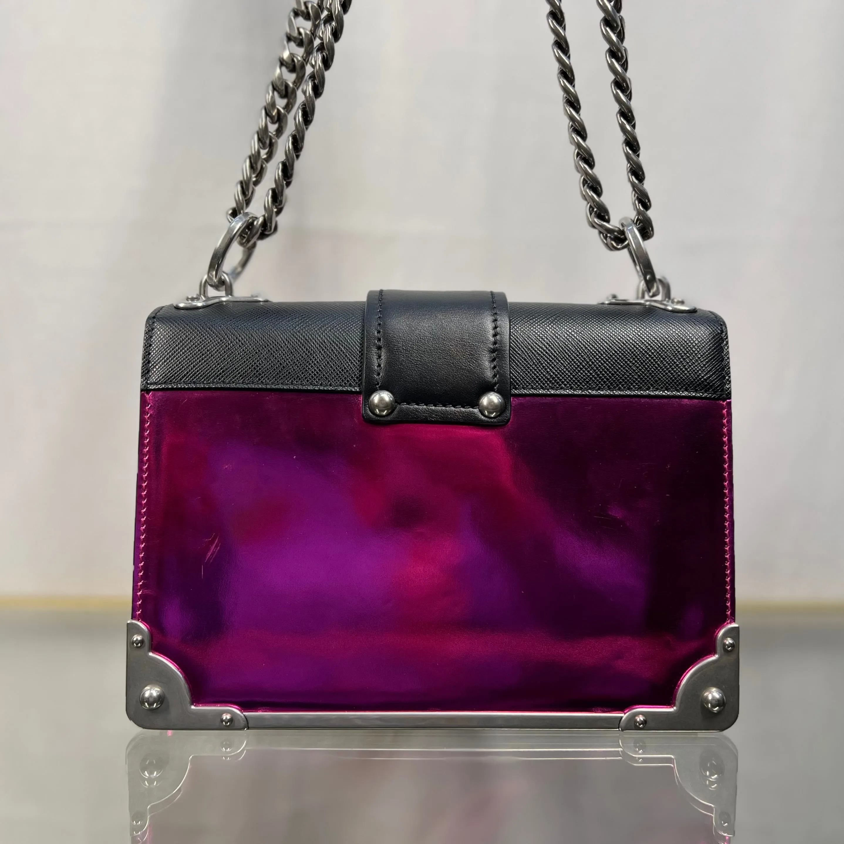 PRADA Pink Black Metallic Saffiano Cahier Shoulder Bag