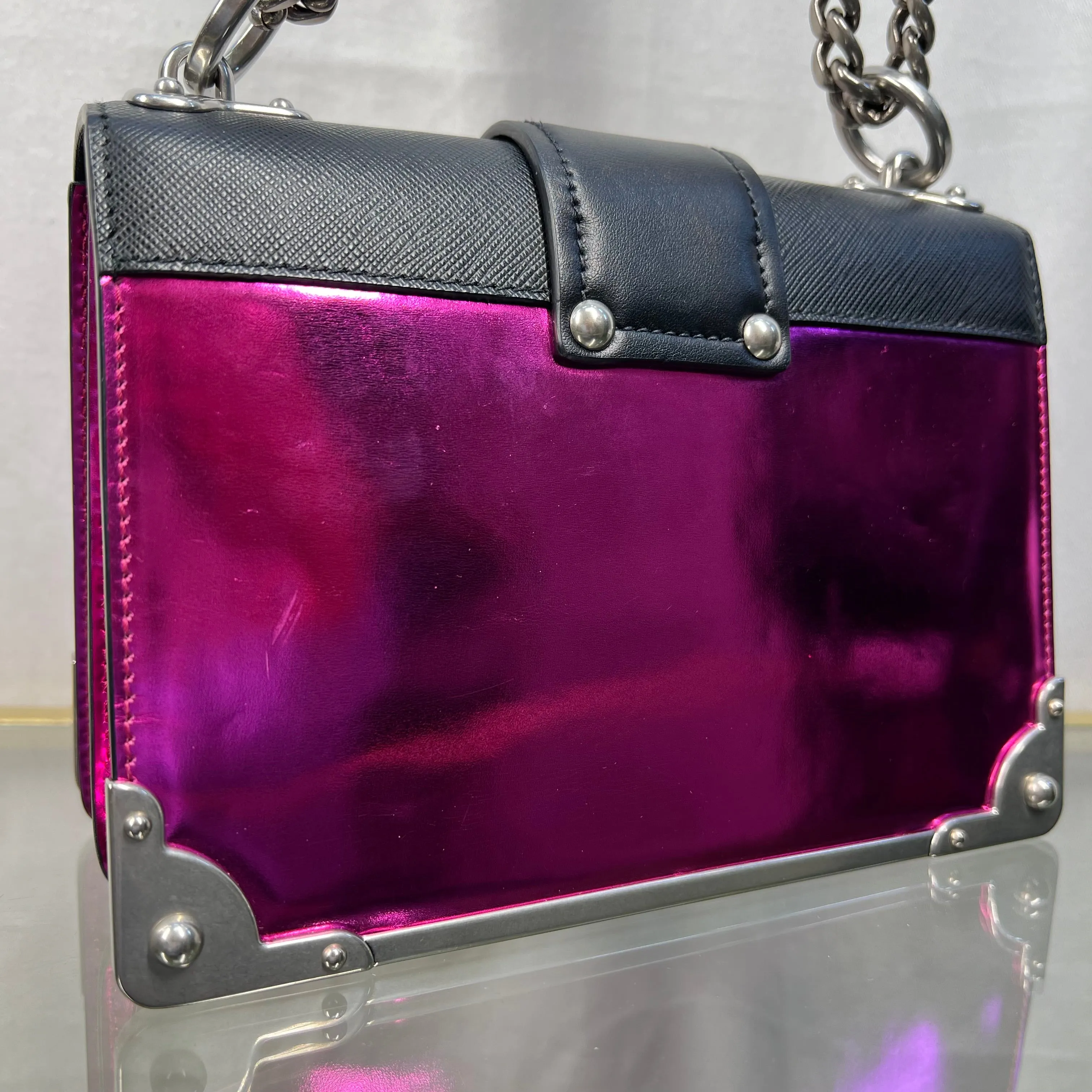 PRADA Pink Black Metallic Saffiano Cahier Shoulder Bag