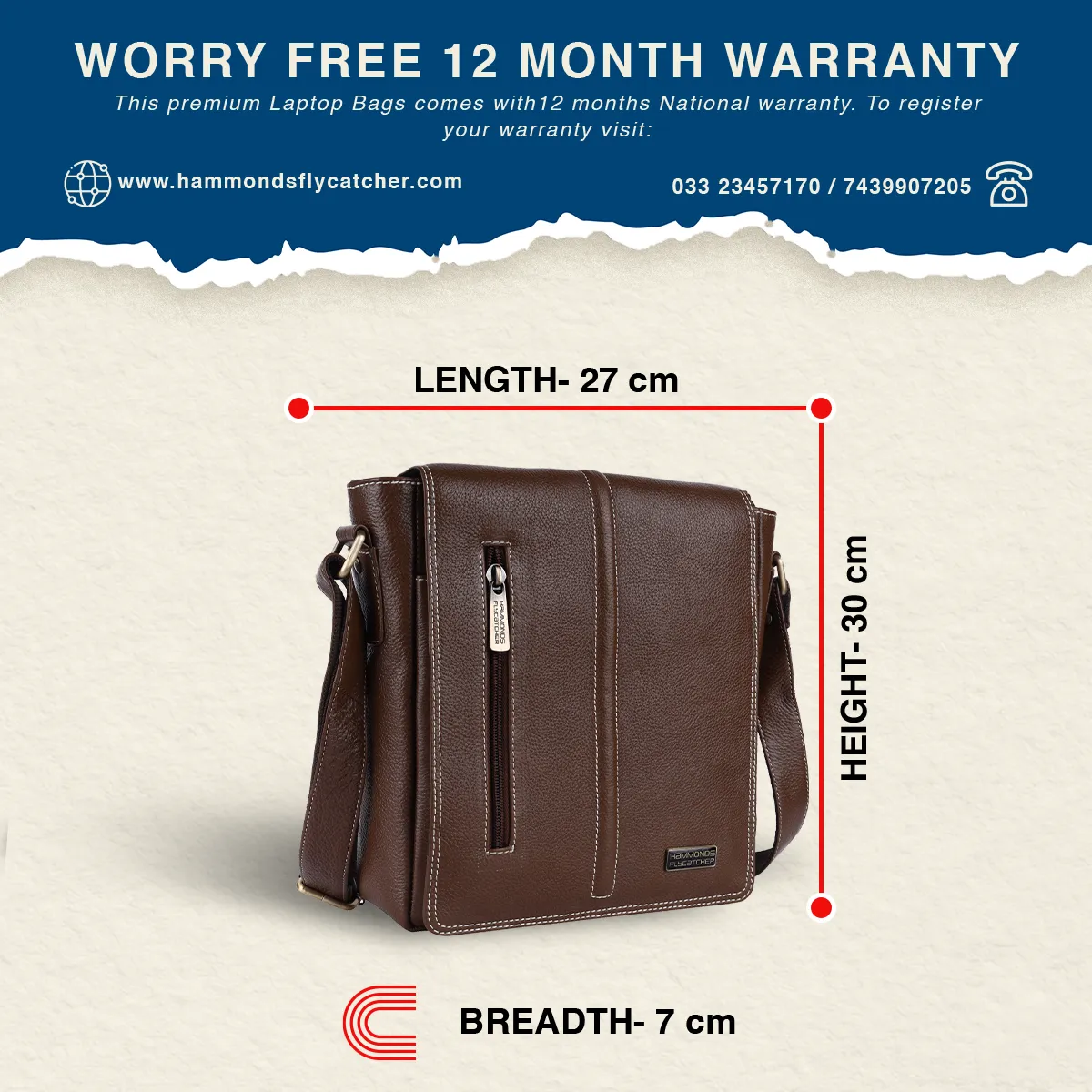 Premium Leather Stylish Mens Crossbody Bag - Adjustable Strap - 1 Year Warranty