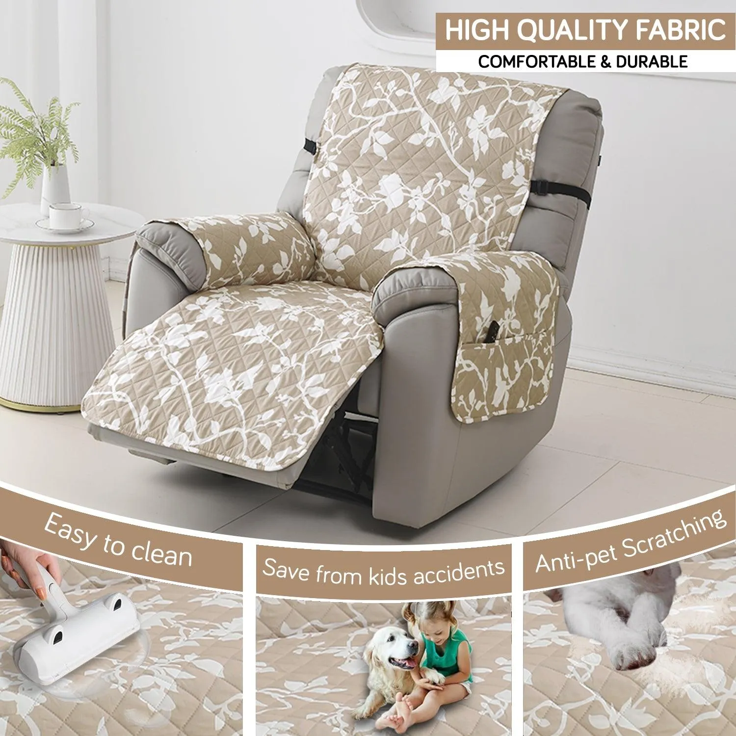 Quilted Recliner Water Repellent & Waterproof Cover for Small / Large - Buff Brown Sillehoute Floral