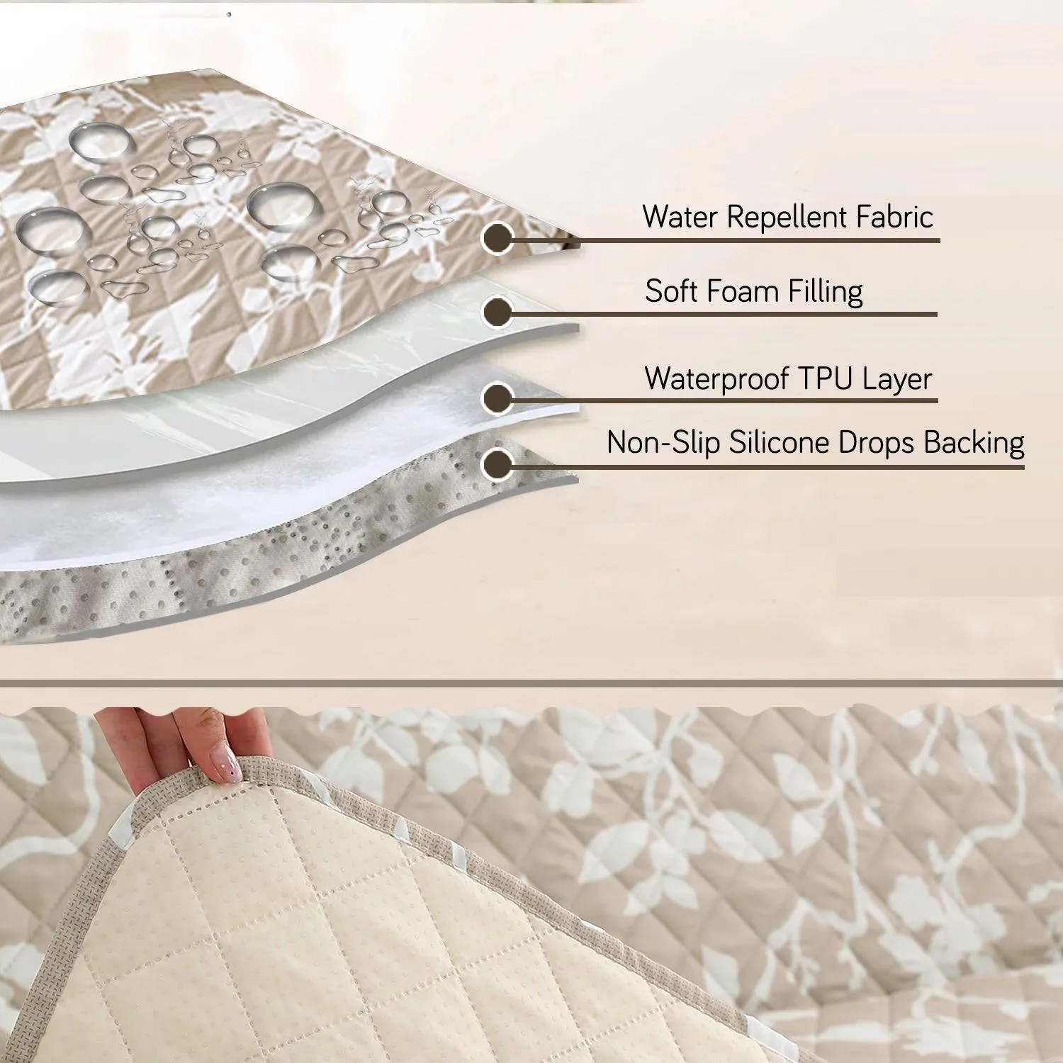 Quilted Recliner Water Repellent & Waterproof Cover for Small / Large - Buff Brown Sillehoute Floral