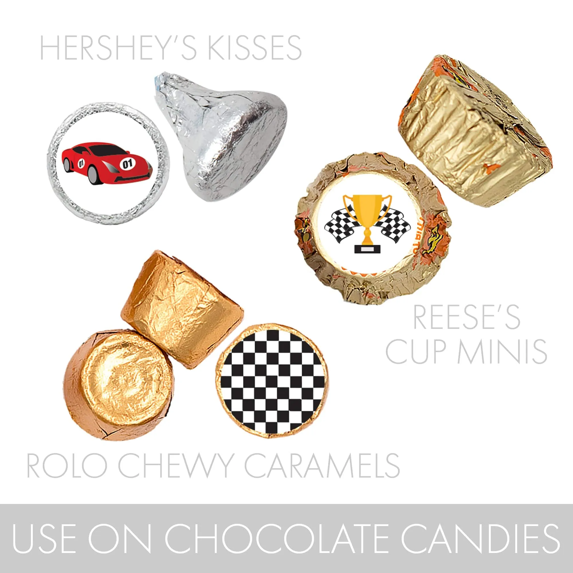 Race Car: Kid's Birthday - Party Favor Stickers - Fits on Hershey's Kisses -  180 Stickers