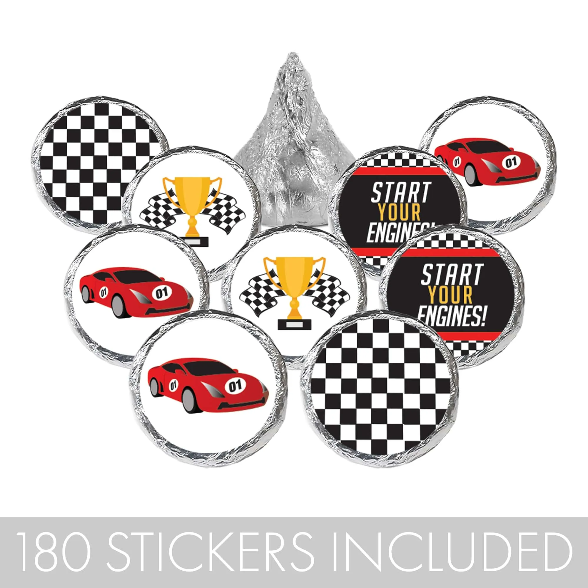 Race Car: Kid's Birthday - Party Favor Stickers - Fits on Hershey's Kisses -  180 Stickers