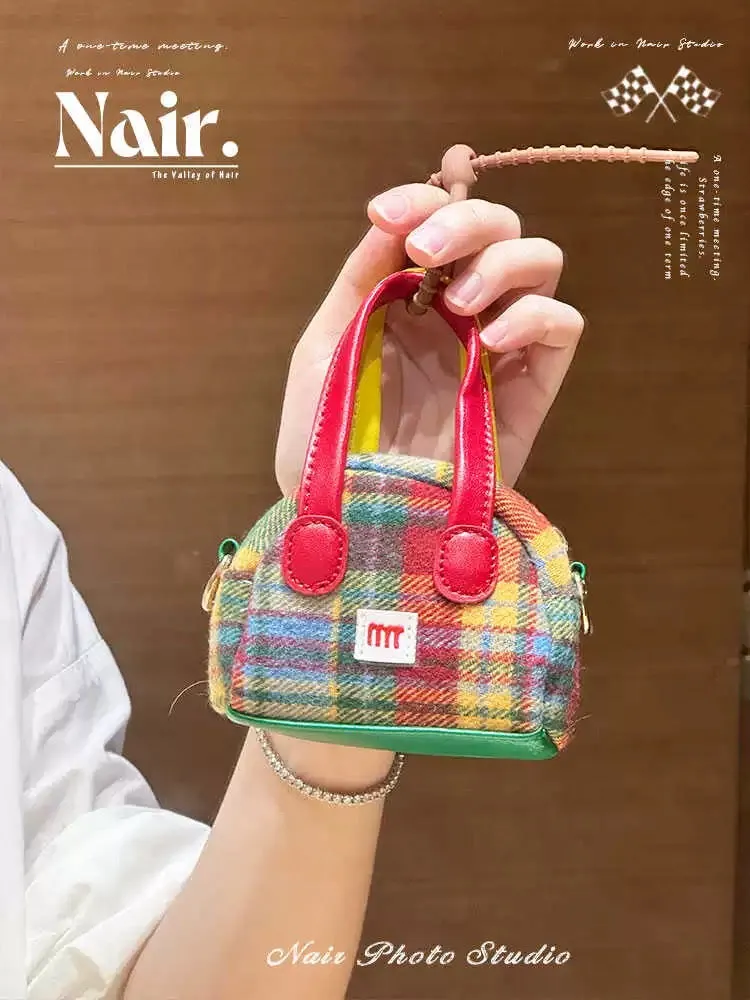 Red plaid small bag New vintage mini cute coin purse Headphones bag Cross-body bag small handbag