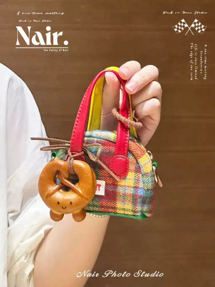 Red plaid small bag New vintage mini cute coin purse Headphones bag Cross-body bag small handbag