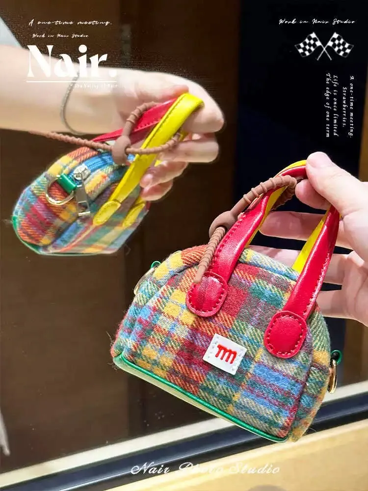 Red plaid small bag New vintage mini cute coin purse Headphones bag Cross-body bag small handbag