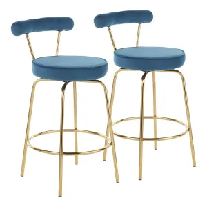 Rhonda Glam Counter Stool in Gold Metal and Blue Velvet by LumiSource - Set of 2