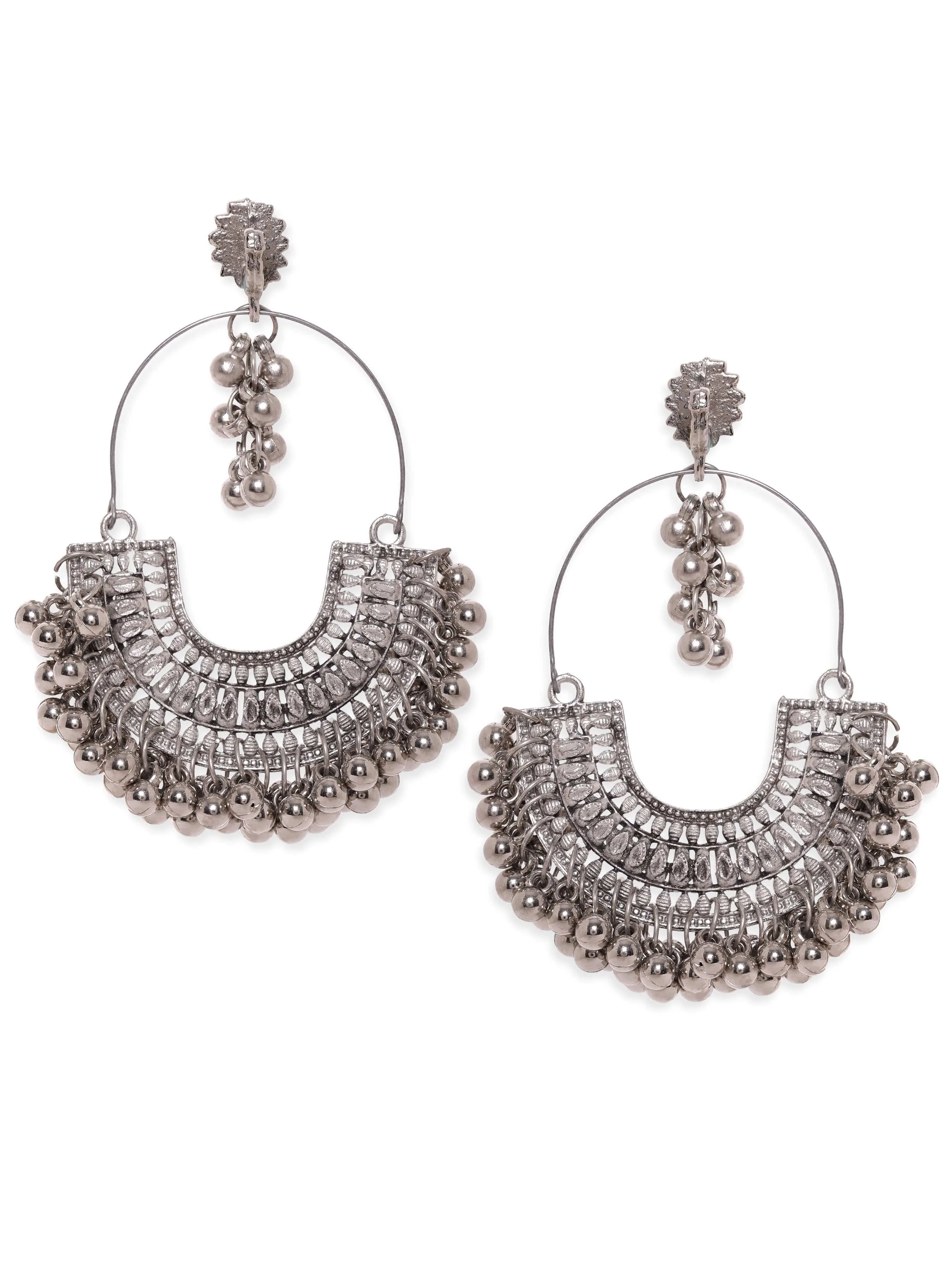 Rubans Oxidized Plated Peackok Motif Ghungroo Beaded Handcrafted Jhumka Earrings