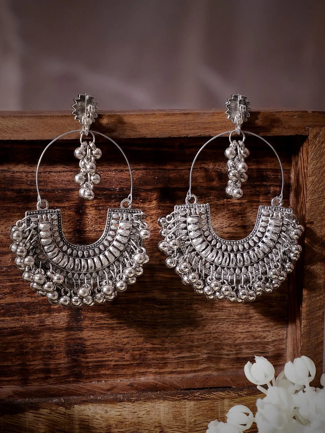 Rubans Oxidized Plated Peackok Motif Ghungroo Beaded Handcrafted Jhumka Earrings