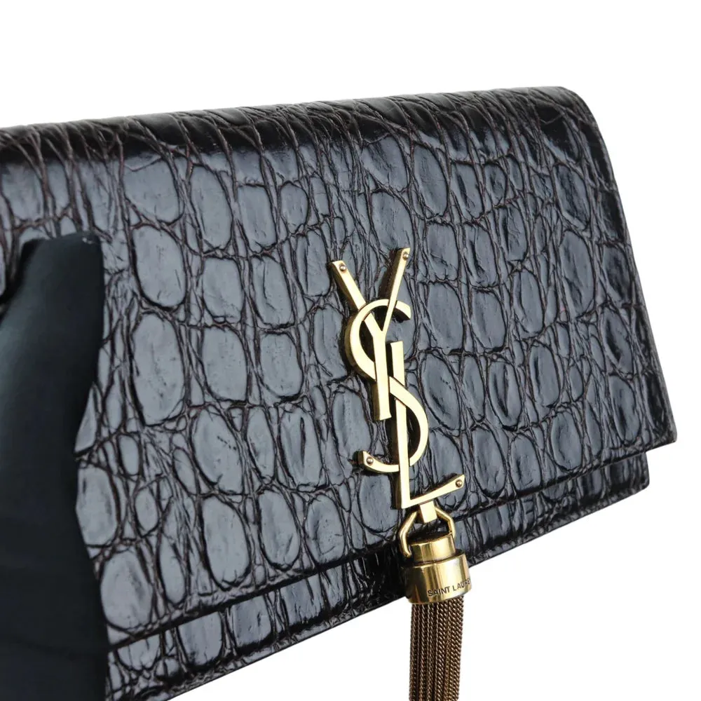 Saint Laurent YSL Kate Tassel Chain Wallet Calfskin Crocodile Embossed Black GHW