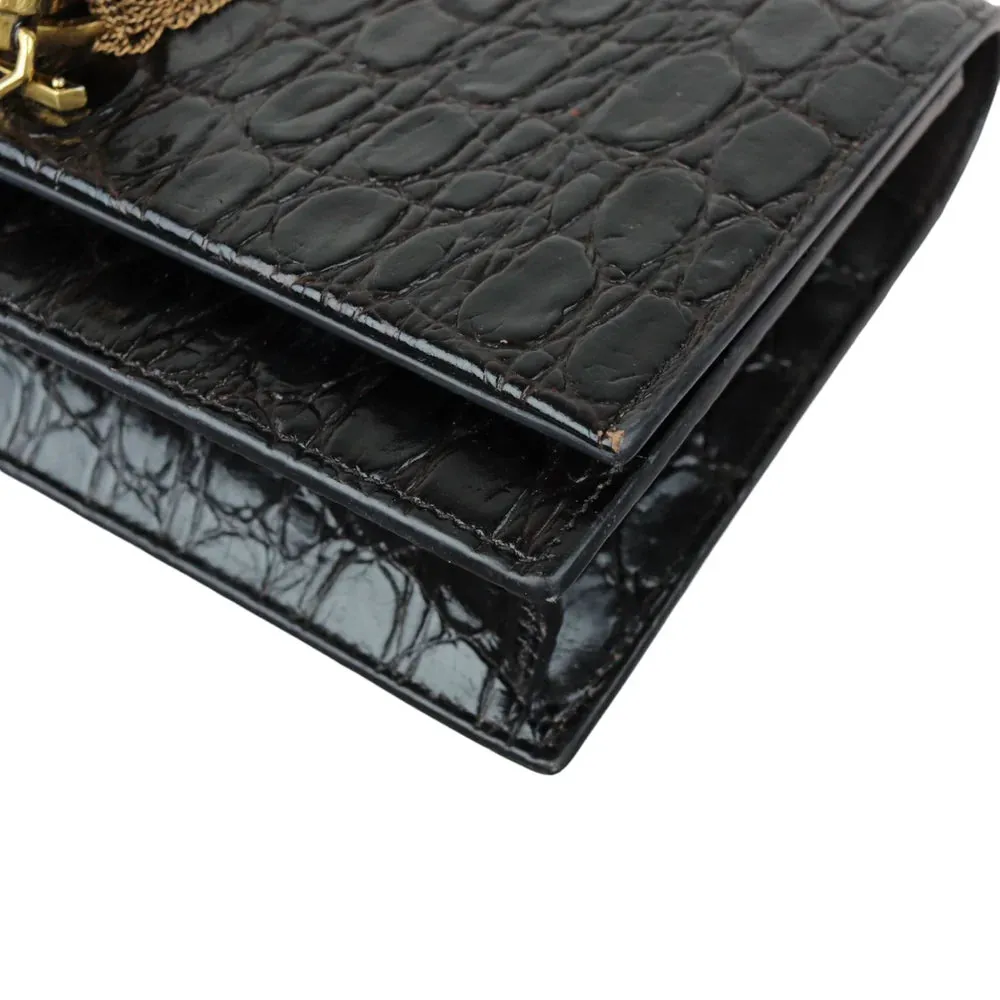 Saint Laurent YSL Kate Tassel Chain Wallet Calfskin Crocodile Embossed Black GHW