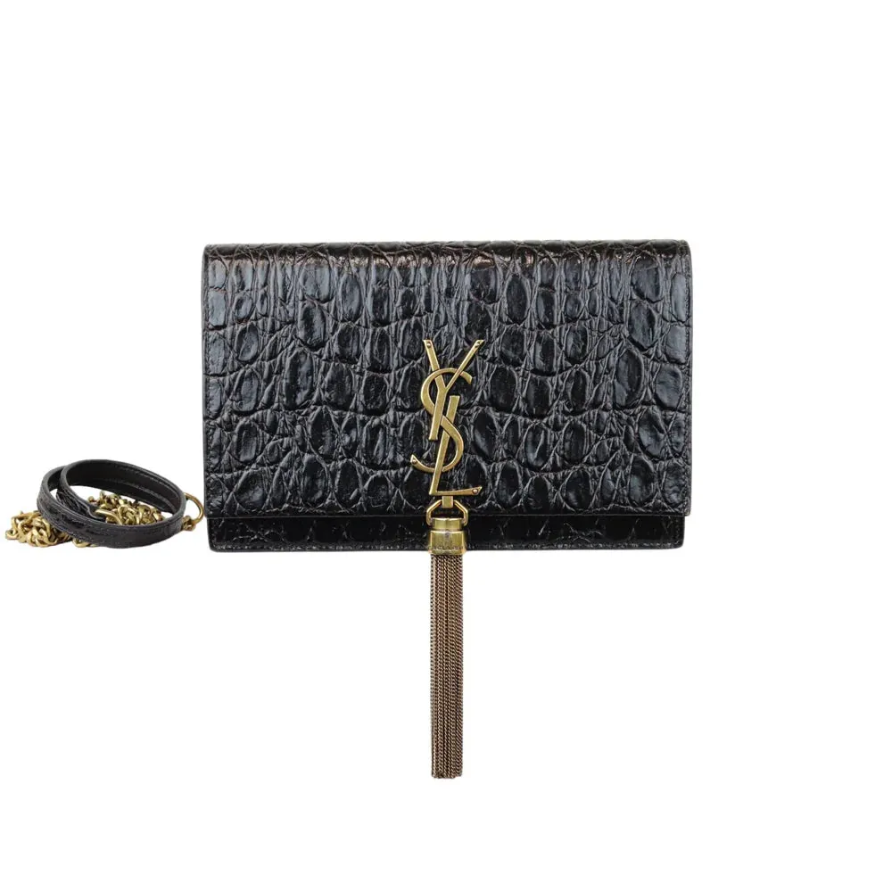 Saint Laurent YSL Kate Tassel Chain Wallet Calfskin Crocodile Embossed Black GHW