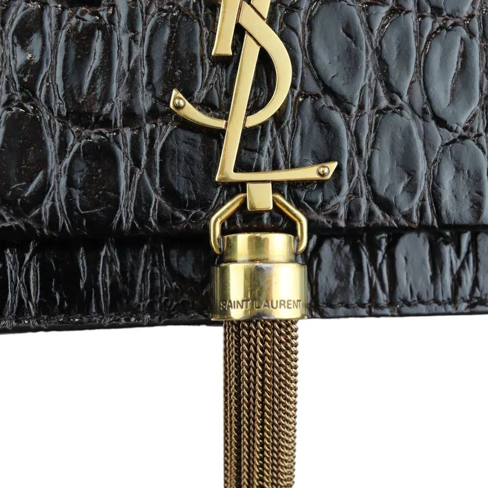 Saint Laurent YSL Kate Tassel Chain Wallet Calfskin Crocodile Embossed Black GHW