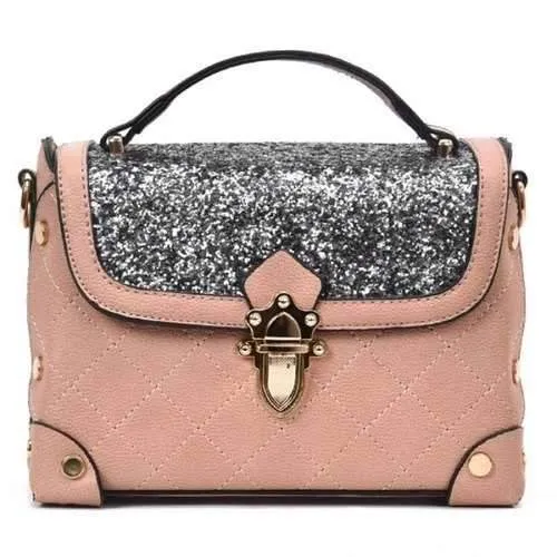 Sequined Rivets Quilted Crossbody Bag - Pink